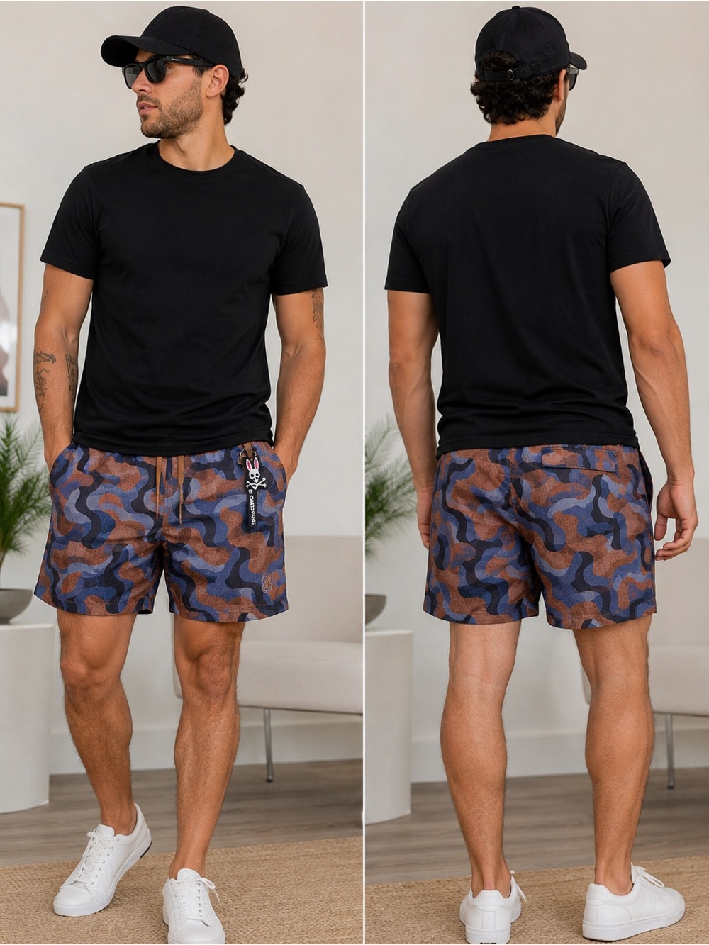 Psycho Bunny Men’s Swim Trunks Blue Brown Camo Mesh Liner & Pockets Size M NWOT